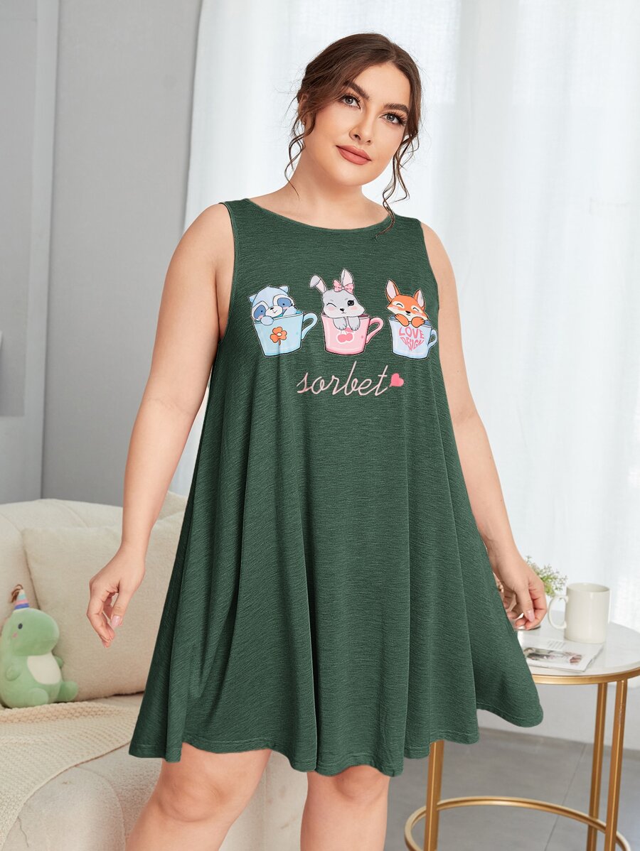 SHEIN Đầm mặc nhà Kích Thước Lớn Hoạt hình Lá thư Dễ thương - Màu xanh lá cây đậm - Xem 1