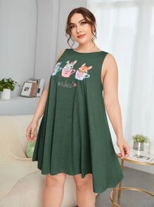 SHEIN Đầm mặc nhà Kích Thước Lớn Hoạt hình Lá thư Dễ thương - Màu xanh lá cây đậm - Xem 3