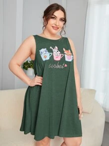 SHEIN Đầm mặc nhà Kích Thước Lớn Hoạt hình Lá thư Dễ thương - Màu xanh lá cây đậm - Xem 4