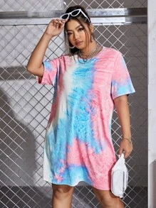 SHEIN EZwear Plus Tie Dye Tee Dress - Multicolor - View 1