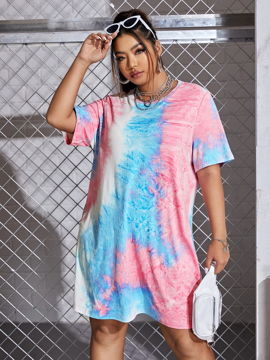 SHEIN EZwear Plus Tie Dye Tee Dress - Multicolor - View 1