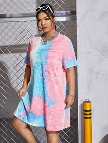 SHEIN EZwear Plus Tie Dye Tee Dress - Multicolor - View 3