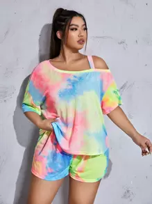 SHEIN Plus Tie Dye Asymmetrical Neck Tee & Shorts PJ Set - Multicolor - View 1