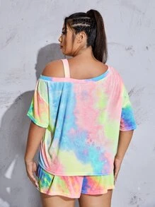 SHEIN Plus Tie Dye Asymmetrical Neck Tee & Shorts PJ Set - Multicolor - View 2