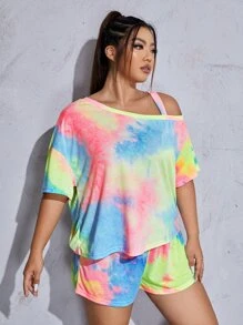 SHEIN Plus Tie Dye Asymmetrical Neck Tee & Shorts PJ Set - Multicolor - View 3