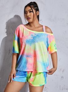 SHEIN Plus Tie Dye Asymmetrical Neck Tee & Shorts PJ Set - Multicolor - View 4