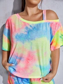 SHEIN Plus Tie Dye Asymmetrical Neck Tee & Shorts PJ Set - Multicolor - View 5