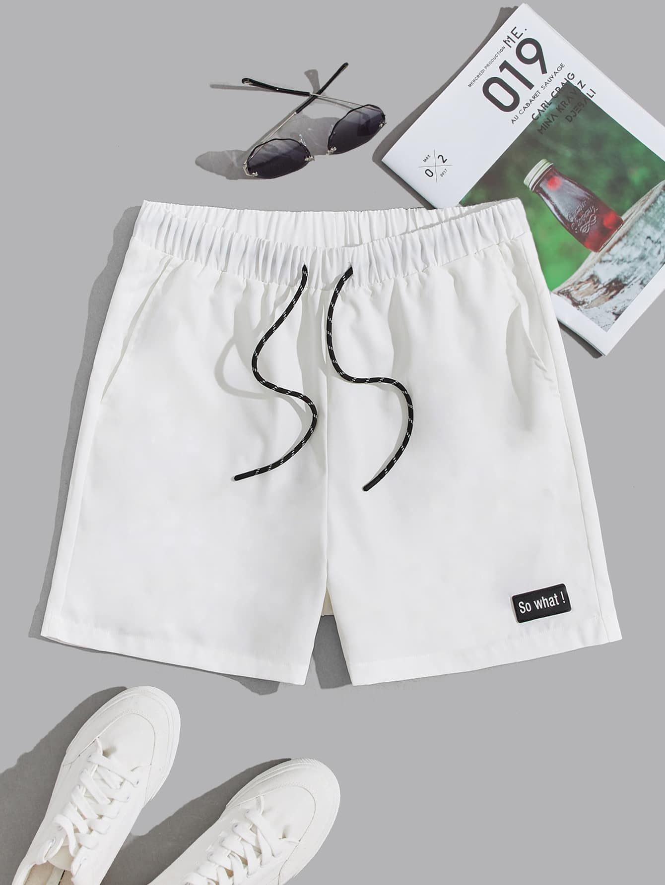 Manfinity Men Slogan Patched Detail Drawstring Waist Shorts - White - View 1