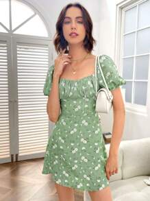 Soleia Vestido con estampado floral de margarita pecho con fruncido - verde menta - Ver 4