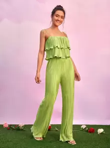 SHEIN BAE Bộ đồ hai mảnh nữ Xù màu trơn Giải trí - Màu xanh chanh - Xem 1