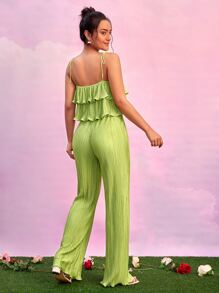 SHEIN BAE Bộ đồ hai mảnh nữ Xù màu trơn Giải trí - Màu xanh chanh - Xem 2