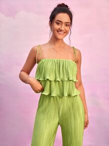 SHEIN BAE Bộ đồ hai mảnh nữ Xù màu trơn Giải trí - Màu xanh chanh - Xem 4