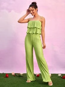 SHEIN BAE Bộ đồ hai mảnh nữ Xù màu trơn Giải trí - Màu xanh chanh - Xem 5