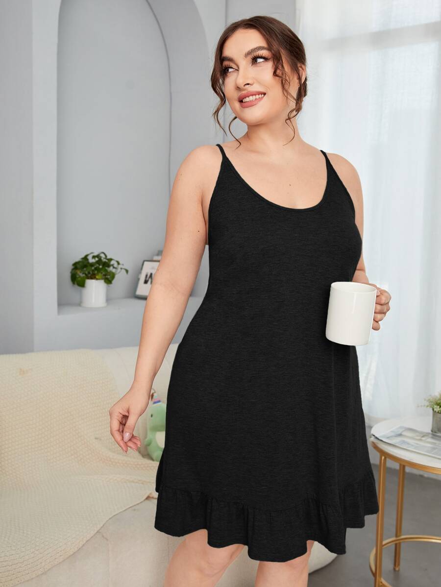 SHEIN Plus Ruffle Hem Cami Night Dress - Black - View 1