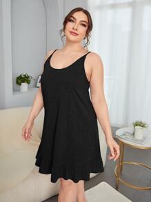 SHEIN Plus Ruffle Hem Cami Night Dress - Black - View 3