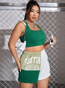 Plus Solid Crop Tank Top & Letter Graphic Shorts - Multicolor - View 3