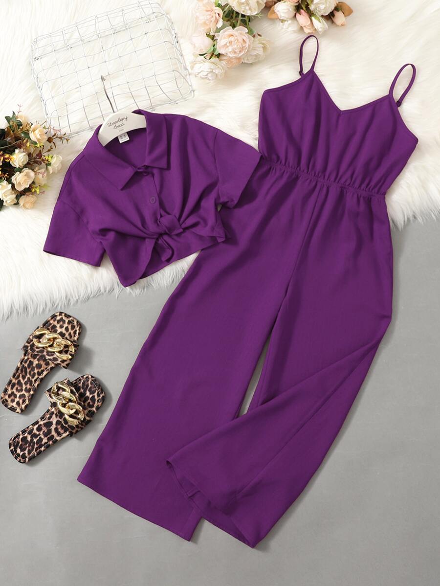SHEIN Tween Girl Button Front Crop Shirt & Cami Jumpsuit - Purple - View 1