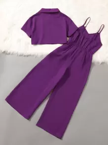 SHEIN Tween Girl Button Front Crop Shirt & Cami Jumpsuit - Purple - View 2