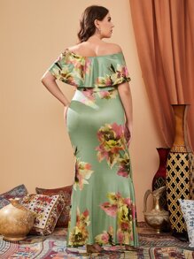 SHEIN Clasi Plus Floral Print Off Shoulder Ruffle Trim Ruched Slit Front Dress - Green - View 3
