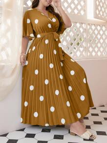 Mulvari Đầm Plus Size Thắt lưng Xếp li Trọn gói Chấm bi Giải trí - Màu Mù tạt vàng - Xem 1