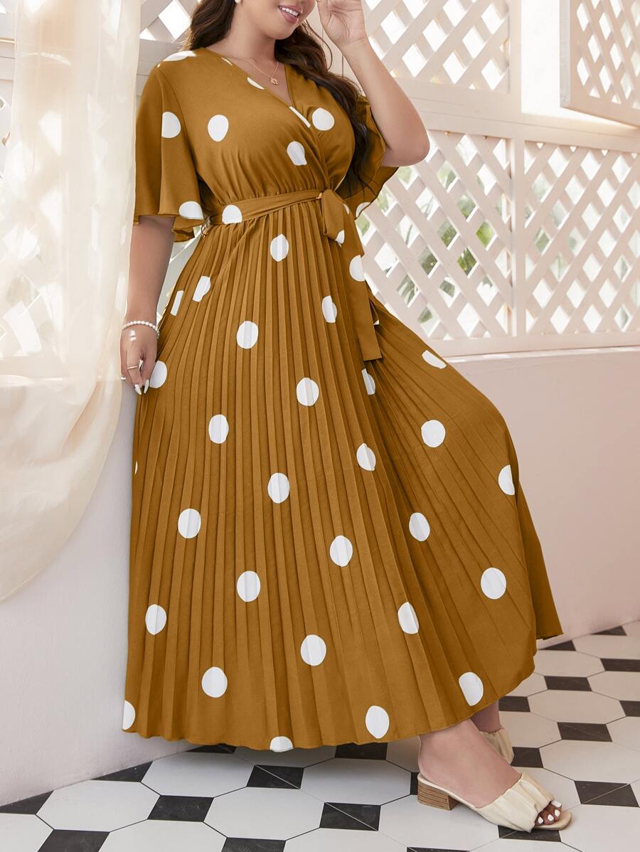 Mulvari Đầm Plus Size Thắt lưng Xếp li Trọn gói Chấm bi Giải trí - Màu Mù tạt vàng - Xem 1