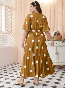 Mulvari Đầm Plus Size Thắt lưng Xếp li Trọn gói Chấm bi Giải trí - Màu Mù tạt vàng - Xem 2