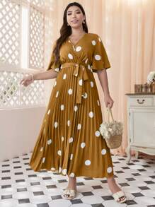 Mulvari Đầm Plus Size Thắt lưng Xếp li Trọn gói Chấm bi Giải trí - Màu Mù tạt vàng - Xem 5