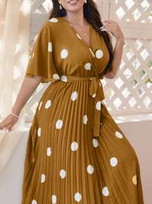 Mulvari Đầm Plus Size Thắt lưng Xếp li Trọn gói Chấm bi Giải trí - Màu Mù tạt vàng - Xem 6