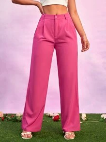 SHEIN Privé High Waist Fold Pleated Suit Trousers - Hot Pink - View 3