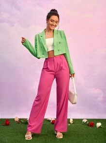 SHEIN Privé High Waist Fold Pleated Suit Trousers - Hot Pink - View 5