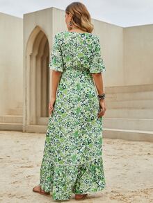 Allover Floral Print Flounce Sleeve Ruffle Hem Dress - Multicolor - View 2