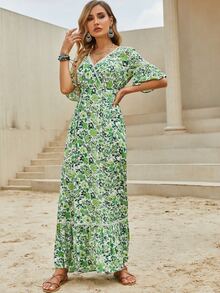 Allover Floral Print Flounce Sleeve Ruffle Hem Dress - Multicolor - View 3