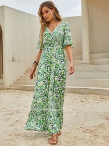 Allover Floral Print Flounce Sleeve Ruffle Hem Dress - Multicolor - View 4