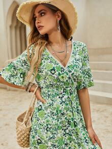 Allover Floral Print Flounce Sleeve Ruffle Hem Dress - Multicolor - View 5