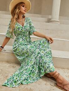 Allover Floral Print Flounce Sleeve Ruffle Hem Dress - Multicolor - View 6