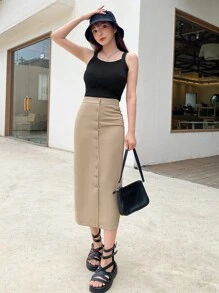 DAZY Váy nữ Nút phía trước màu trơn Giải trí - Lạc đà - Xem 3