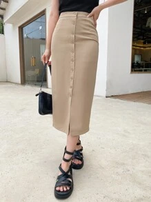 DAZY Váy nữ Nút phía trước màu trơn Giải trí - Lạc đà - Xem 5