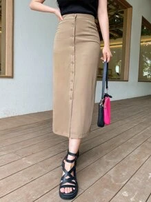 DAZY Váy nữ Nút phía trước màu trơn Giải trí - Lạc đà - Xem 7