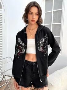 SHEIN Coolane Butterfly Rhinestone Zip Up Hoodie - Black - View 4