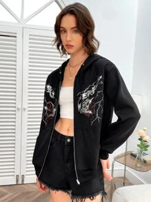 SHEIN Coolane Butterfly Rhinestone Zip Up Hoodie - Black - View 5