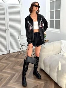 SHEIN Coolane Butterfly Rhinestone Zip Up Hoodie - Black - View 6