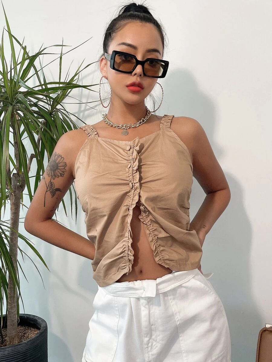 DAZY Solid Ruched Cami Top - Khaki - View 1