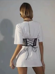 1pc Fashionable Organza Material Corset Style Sexy Short Waist Cincher For Women, Charming Mesh Waist Wrap - Black - View 3