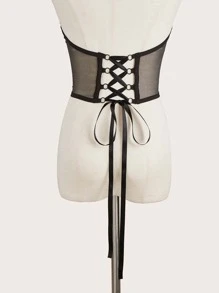 1pc Fashionable Organza Material Corset Style Sexy Short Waist Cincher For Women, Charming Mesh Waist Wrap - Black - View 4