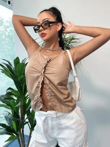 DAZY Solid Ruched Cami Top - Khaki - View 2