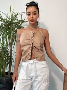 DAZY Solid Ruched Cami Top - Khaki - View 4