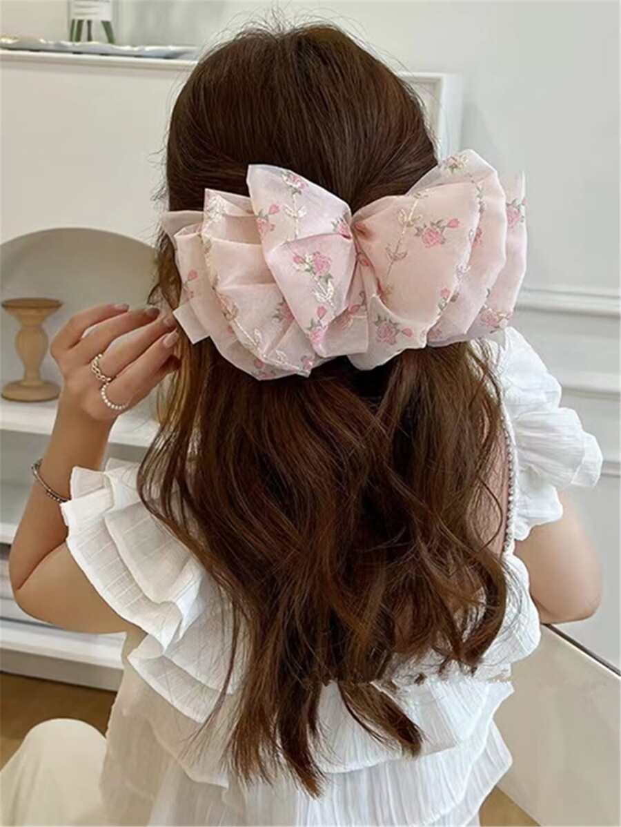 Flower Print Bow Decor Hair Clip - Multicolor - View 1