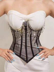 1pc Corset-Style Waist Belt With Rhinestones And Tassel Decor, Mesh Waist Cincher For Dresses, Christmas Party, Daily Wear Waist Trainer Accessories For Ladies For Dress Western Cowboy Cowgirl Country Wear Vintage Black Belt Women Corset Belt For Dress,Waist Trainer Waist-Shaping For Waist Slimming And Tummy Control Halloween Costume - Black - View 3