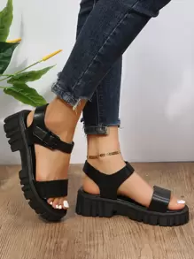 Buckle Decor Flatform Ankle Strap Sandals, Black Fashionable Buckle Strap Solid Color Wedge Sandals - Black - View 4
