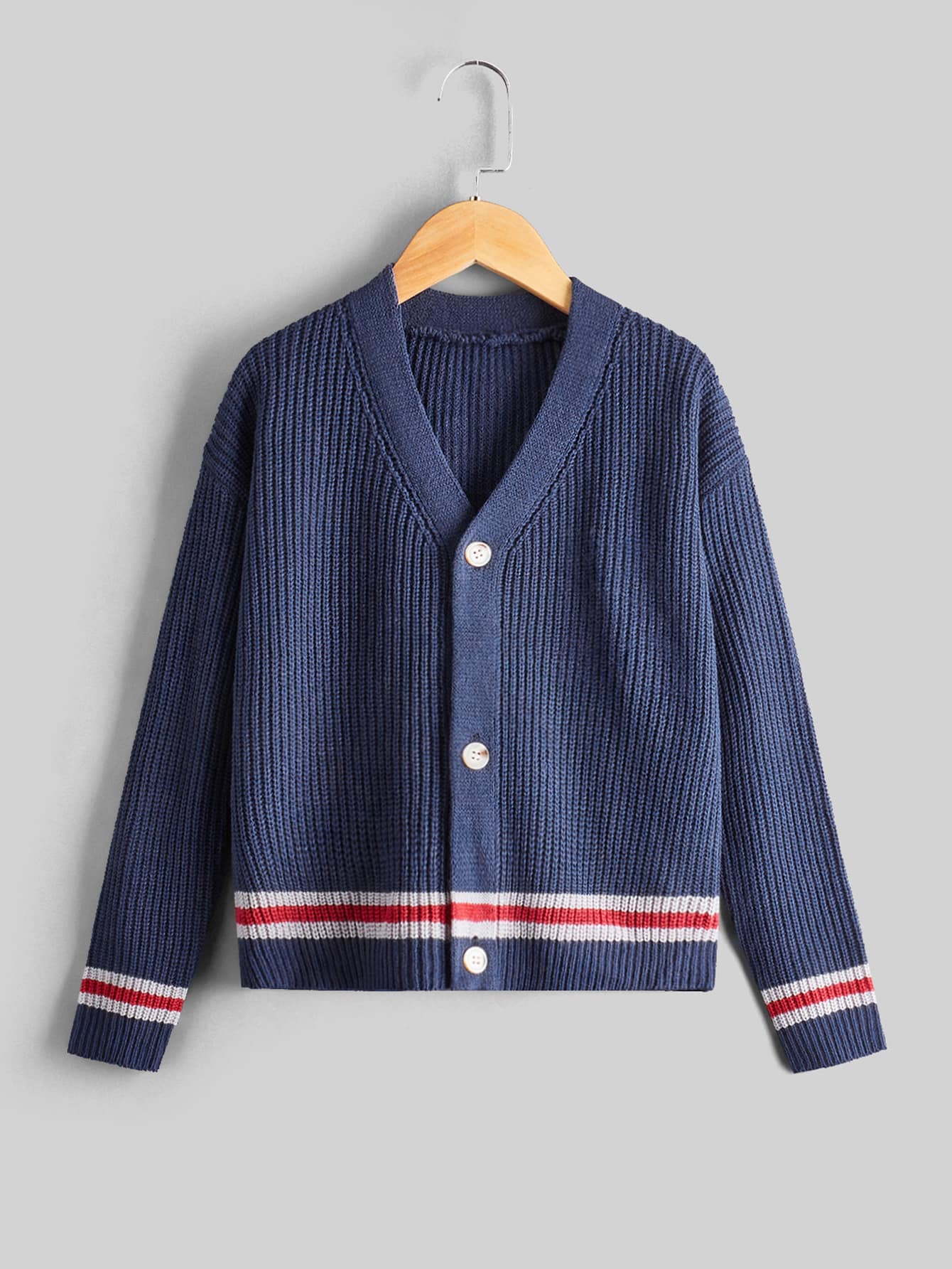 SHEIN Boys Striped Pattern Drop Shoulder Cardigan - Navy Blue - View 1